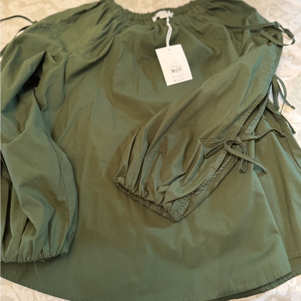 Olive Green Off-Shoulder Tunic Top with Tie-Sleeves